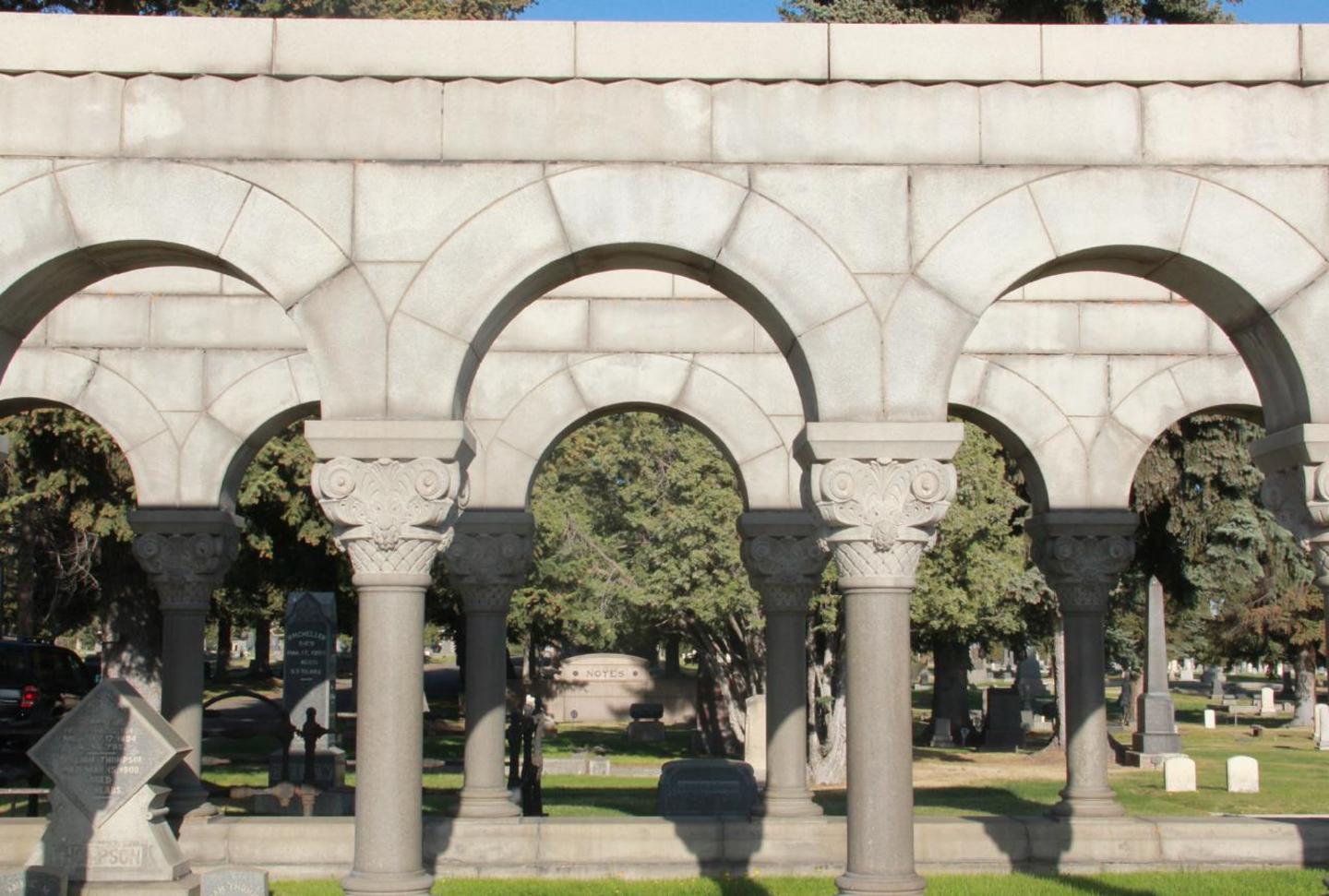 Pictured is the colonnade surrounding the Thompson family plot which is seen upon entering the cemetery. 